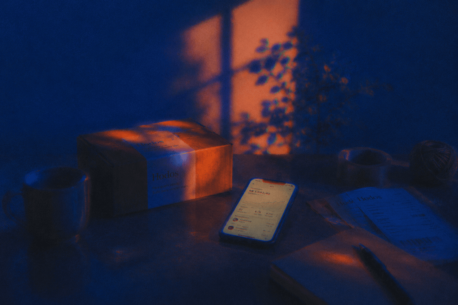 Mesa de trabalho com uma encomenda, um telemóvel e materiais usados na gestão de vendas online
